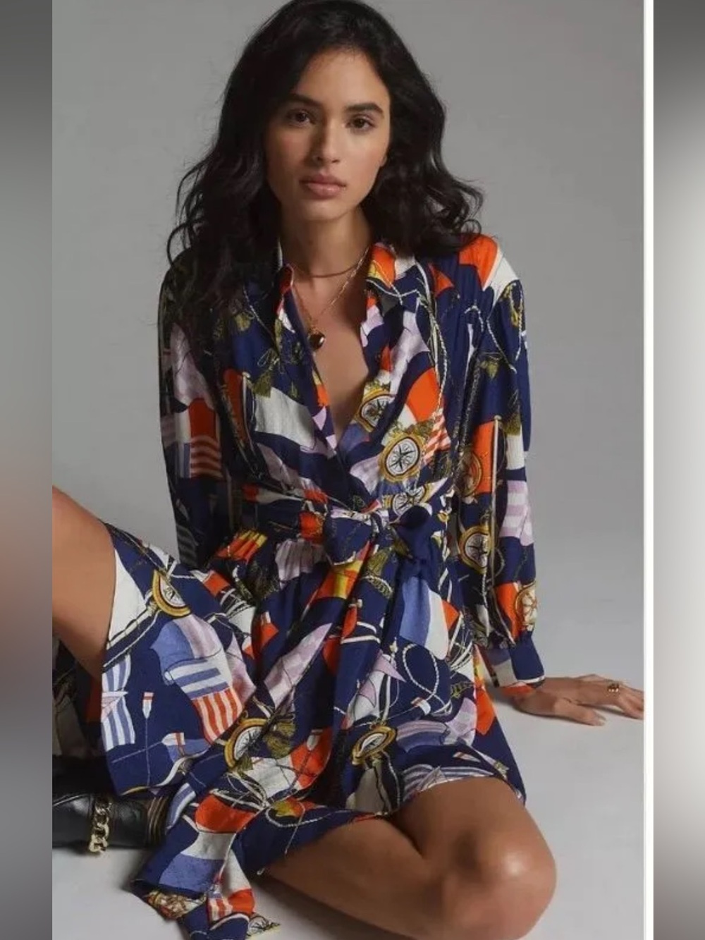 Anthropologie Maeve Navy Shirt Dress with Orange, Purple & Cream Nautical Print - Picture 16 of 16